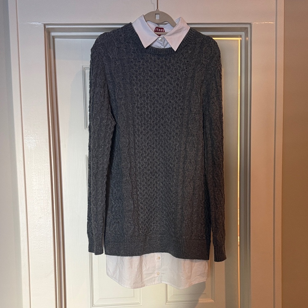 STAUD Aldrin Gray Sweater Shirt Mini Dress with Removable White Shirt Collar
